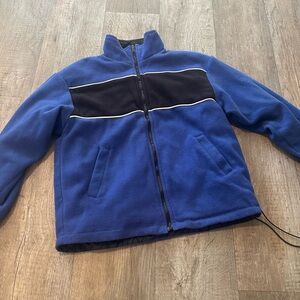Men’s Blue and Black Striped Zip-Up Fleece Jacket Y2K